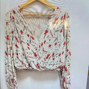 Floral V-Neck Blouse - Red and White